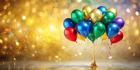 A cluster of colorful balloons against a shimmering golden backdrop
