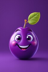 Naklejka premium Cheerful Cartoon Plum Character with Leaf on Purple Background