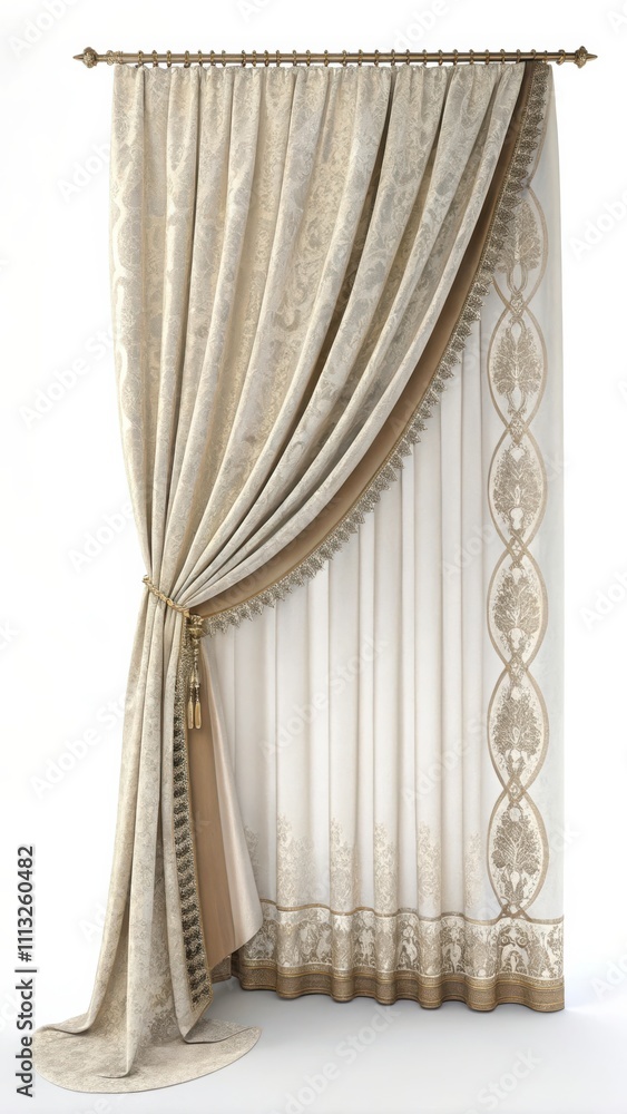 Poster elegant curtain drapes in a stylish setting with intricate patterns and a decorative catch. generati