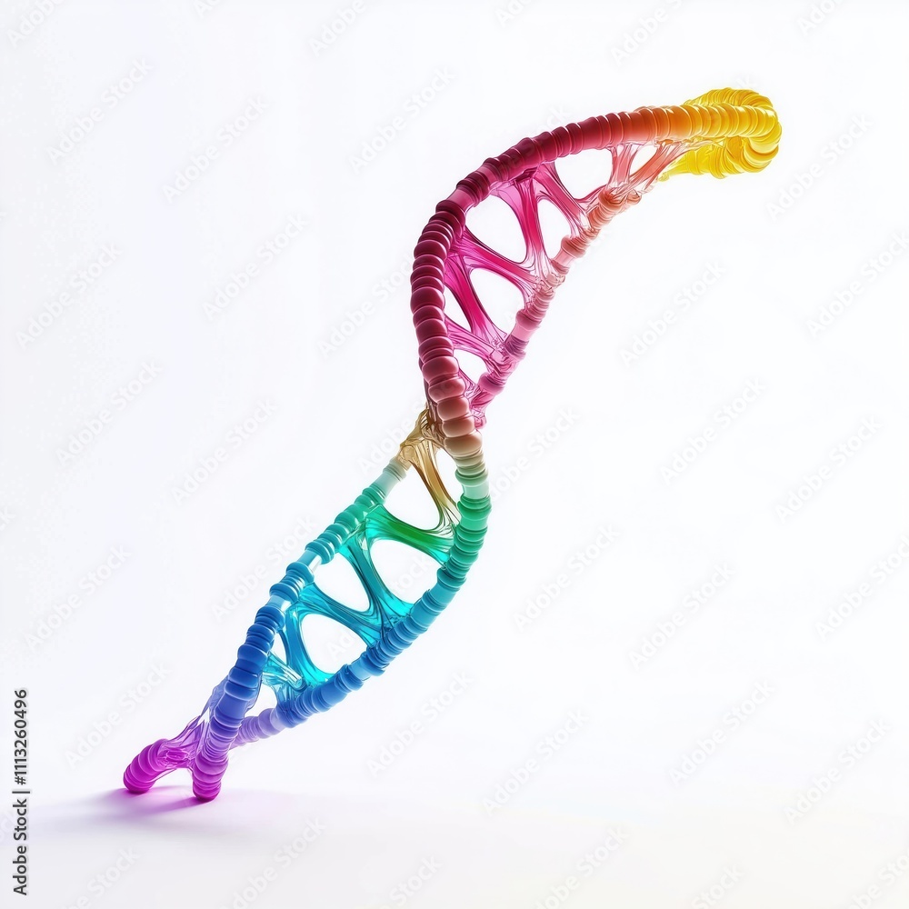 Poster colorful dna model on white background. rainbow colors create vibrant image. dna structure shows com