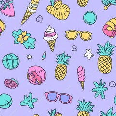 Summer Fun Pattern Illustration with Pineapples, Ice Cream, Seashells, Sunglasses, and Beach Balls