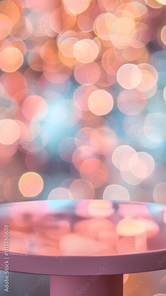 Poster a soft-focus image of a pink table with a blurred bokeh background in warm tones.