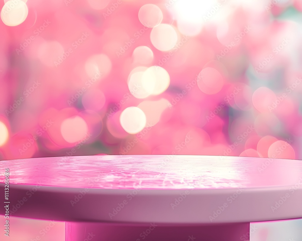 Poster a soft-focus pink background with a round table, creating a dreamy atmosphere.