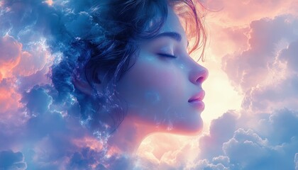 Watercolor Illustration of a Profiled Woman with Closed Eyes Against a Dreamy Pastel Sky