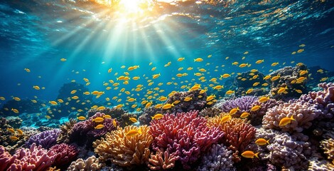 Obraz premium Vibrant Coral Reef Underwater Scene with Sunbeams and Tropical Fish