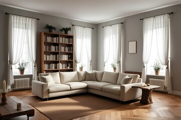 Sunlit living room with beige sectional sofa, wooden floors, bookshelves, and sheer curtains.