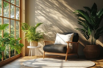 Sunlit corner with armchair, plants, and window.