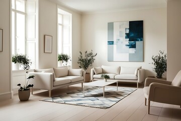 Modern living room with beige sofas, abstract art, and plants.