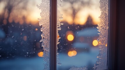 Warm glow of lights against a frosted window on a cozy winter evening while snowflakes fall outside