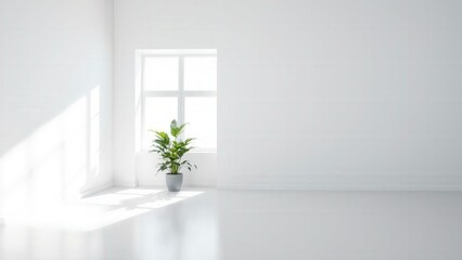 Fototapeta premium Minimalist White Room with Natural Light and Green Plant, Perfect for Modern Home Decor or Meditation Space