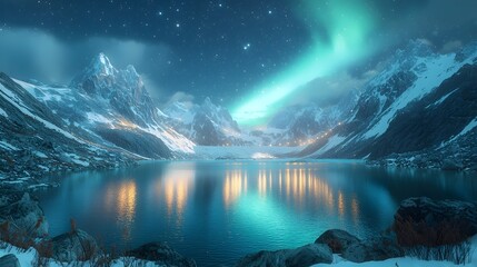 Naklejka premium A breathtaking view of a serene alpine lake surrounded by majestic snow-capped mountains under the starry night sky, illuminated by the vibrant northern lights.