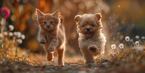 kitten and a puppy run along a path among grass and flowers happily overtaking each other.