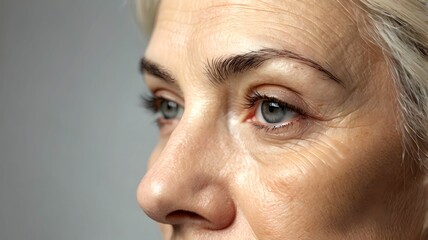 Close up of mature middle-aged older woman face without make-up, eyes and forehead wrinkles fine lines - part of natural aging skin which becomes less elastic and needs anti-aging skin care treatment