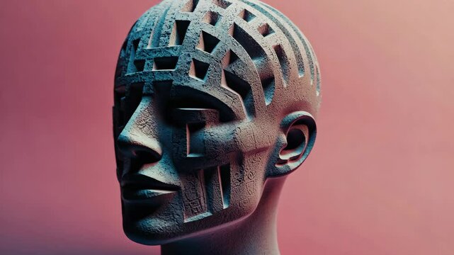 White mannequin head turning with maze pattern projected on face
