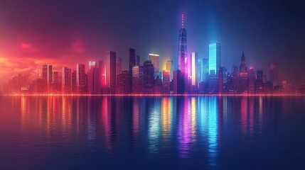 Fototapeta premium A vibrant city skyline at night, illuminated with colorful lights reflecting on water.