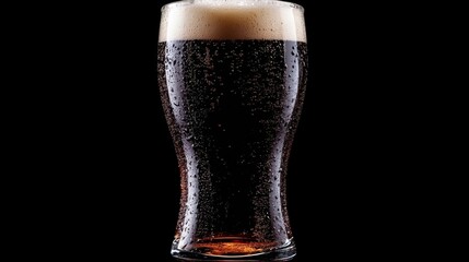 Dark beer with frothy head served in a curved glass against a black background