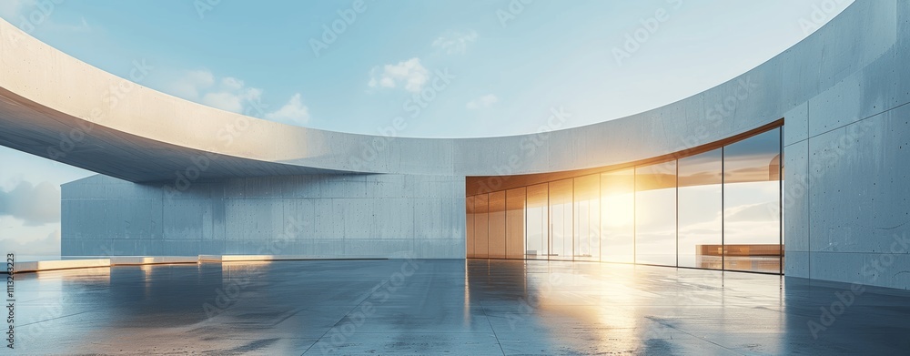 Poster minimal concrete interior with curved walls and open space in modern architectural design