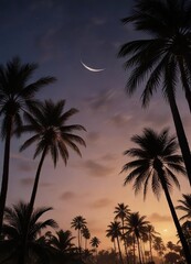 The crescent moon shines brightly against a backdrop of towering silhouetted palm trees, their fronds swaying gently in the breeze , moonlight, silhouetted architecture