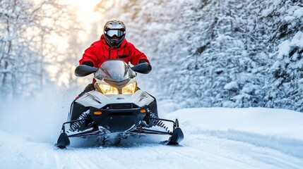Snowmobile rider speeds through a snowy trail surrounded by winter trees at sunset