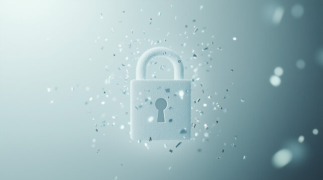 Secure and Protected: A 3D rendered padlock, radiating a sense of safety and security, sits amidst a field of scattered particles, representing data protection and digital privacy.  