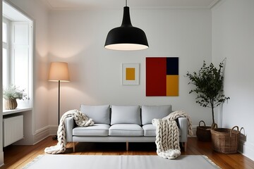 Minimalist living room with grey sofa, wooden floor, and modern artwork.