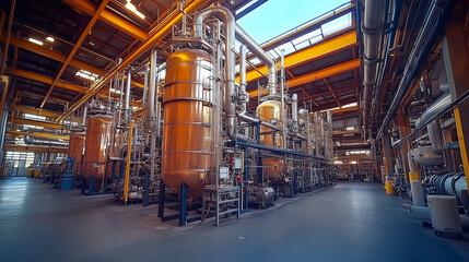 Fototapeta premium chemical plant with complex pipes, tanks, and laboratory equipment, scientific and industrial setting