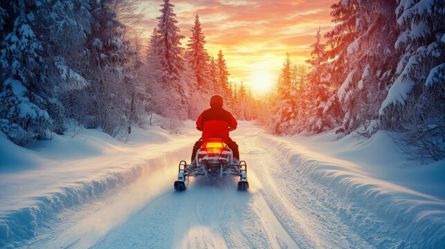 Snowmobile ride through winter landscape at sunset with snowy trees lining the path - Powered by Adobe