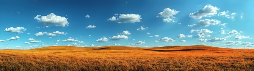 A stunning panoramic view of golden grasslands under a clear blue sky dotted with fluffy white clouds. The vibrant colors evoke a sense of serenity and natural beauty.
