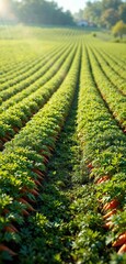 Fototapeta premium Row of carrot crops in a green field with sunlight filtering through , crop row, green field, agriculture