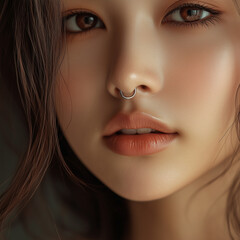 close-up septum piercing with a small ring on beautiful asian woman nose