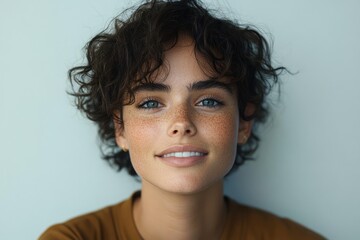 Confident Happy Afro American Business Woman Smiling with Curly Hair and Casual Glasses in Minimalist Studio Portrait