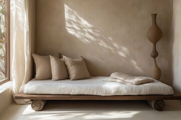 Neutral-toned daybed with textured pillows in a calming zen-inspired room