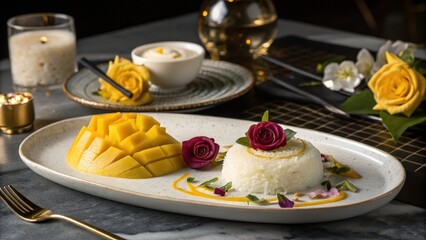 Gourmet Mango Sticky Rice Dessert with Edible Flowers