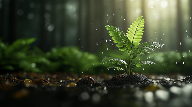 vibrant green plant growing in lush forest with raindrops