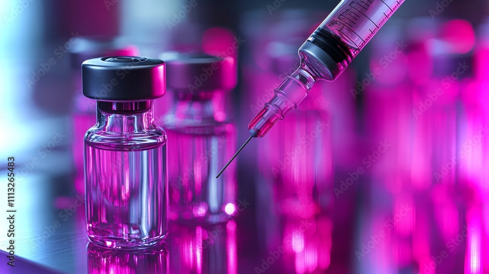 Poster close-up view of a syringe poised to extract liquid from a vial in a clinical setting