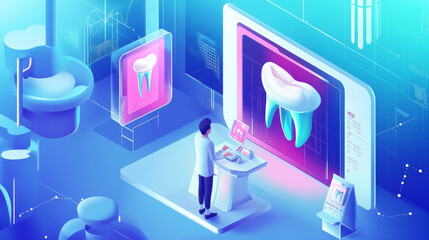Medical healthy human tooth 3d. Medicine model low poly. Doctor online concept. Medical consultation app. Web healthcare dentist stomatologist modern technology vector illustration