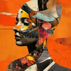 Abstract collage portrait, vibrant orange, textured.