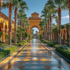 Obraz premium A vibrant pathway flanked by palm trees and colorful architecture under a bright sky.