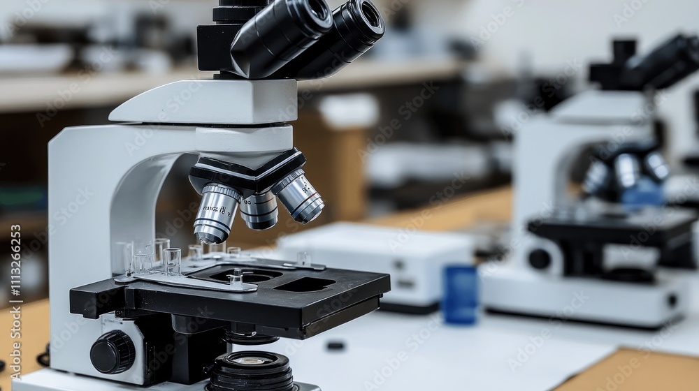 Poster laboratory microscope with slides on a table in a research space
