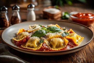 Ravioli with Tomato Sauce and Basil on Rustic Wooden Table