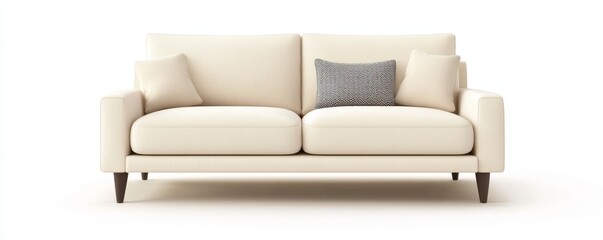 Fototapeta premium Minimalist serenity furniture concept, Modern cream sofa with plush cushions and a decorative pillow, ideal for stylish living spaces.