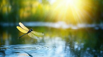 A dragonfly hovering above a calm pond, with its wings catching the sunlight