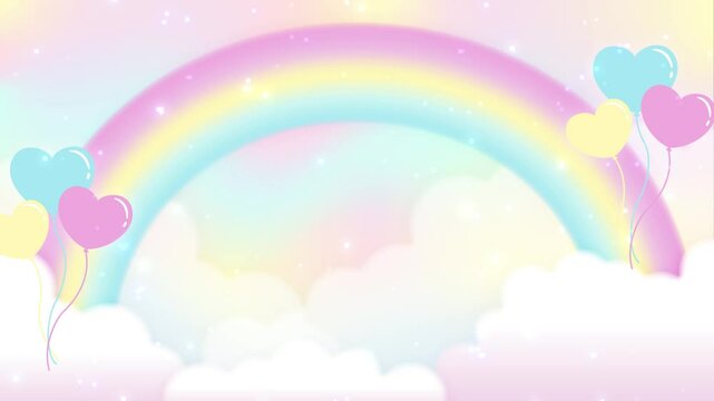 Animated background with heart balloons and rainbow in cloudy sky
