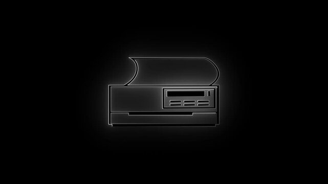Neon Glowing Purple Printer Icon on black Background.  print icon, print photo, calendar,