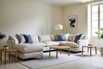 Modern beige sectional sofa in living room with wooden coffee tables, blue pillows, and artwork.