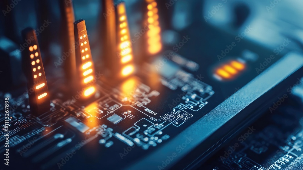 Poster close-up of circuit board with illuminated components and sensors