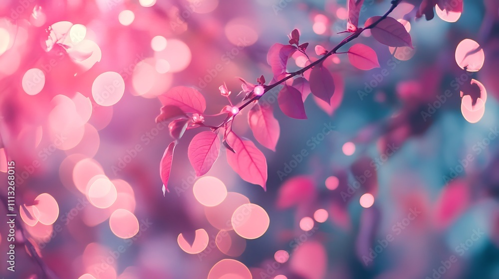Aufkleber branch of tree with pink leaves on blurred bokeh background - generated ai