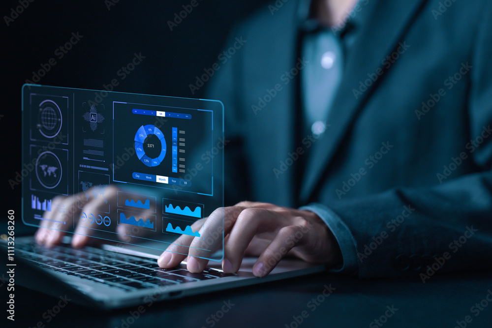 Aufkleber analyst manages the system database reports analyzes data plans and shows a dashboard chart on the computer. concept of research on platform digital technology, analytics business