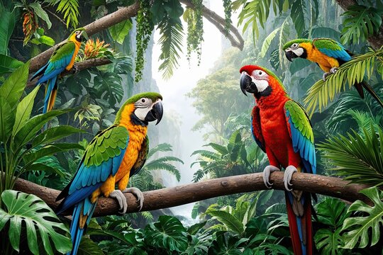 Lush Tropical Rainforest Landscape Featuring Exotic Parrots and Vibrant Greenery
