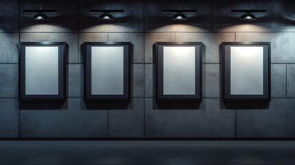 Blank movie posters illuminated by spotlights. Vector realistic mockup of white picture in black frames on gray tiled wall in cinema, theater hallway or gallery. Empty advertising banners with lamps